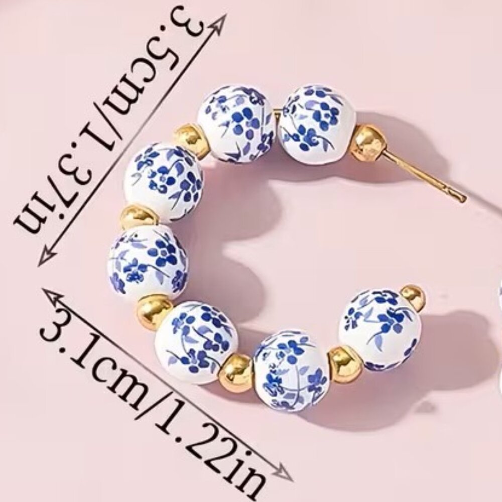 Vintage Style Blue and White Porcelain Ceramic Hoop Earrings Z130 - Picture 2 of 2